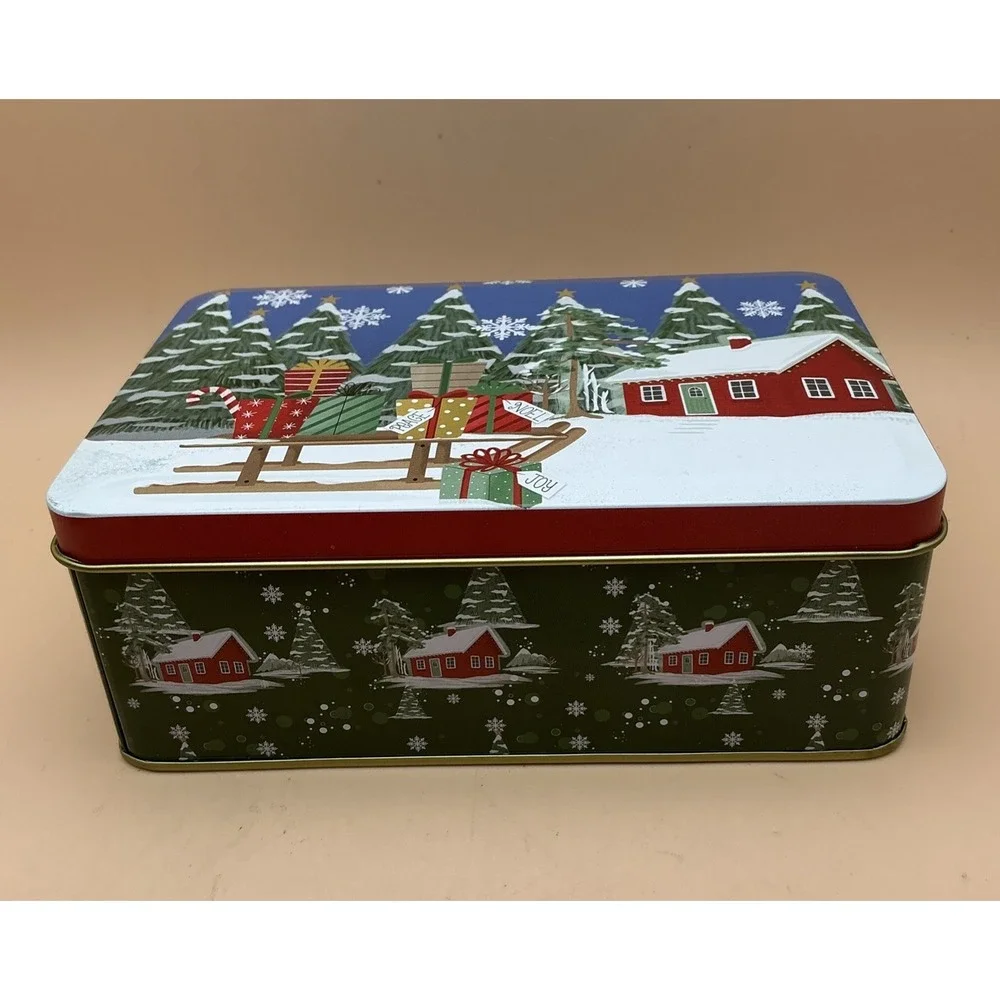 Greenbrier International 4x6x2 Christmas Cabin Decorative Holiday Tin